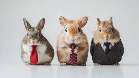 This whimsical image features three fluffy animals, including rabbits and a hamster, dressed in business suits and ties, standing formally on a white background.の素材
