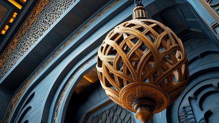 A detailed, close-up view of a large, intricately woven wooden orb lantern hanging in a grand interior space with arched architectural elements and a warm, inviting glow.の素材