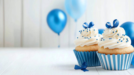 Two vanilla cupcakes with creamy white frosting, blue sprinkles, and elegant bows. Set against a soft white background with blurred blue balloons, creating a cheerful, festive mood.の素材
