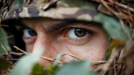 A close-up portrait of a soldier's eye, peering through camouflage. The eye, with its striking green-brown iris, reflects a focused intensity.の素材