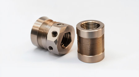 Two precision-machined metal components, a threaded cylinder and a hexagonal fitting, displayed on a clean white background with soft studio lighting.の素材