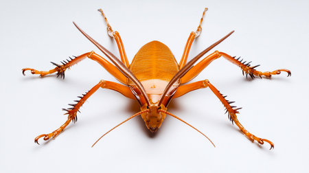 A detailed close-up of an orange grasshopper against a stark white background. The image highlights the insect's intricate legs, antennae, and body texture, showcasing its unique features.の素材
