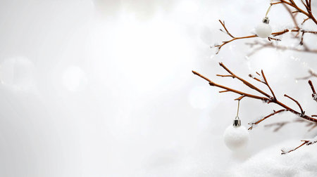 A single, fluffy white Christmas ornament hangs from a snow-dusted twig, set against a softly blurred, bright white winter backdrop.の素材
