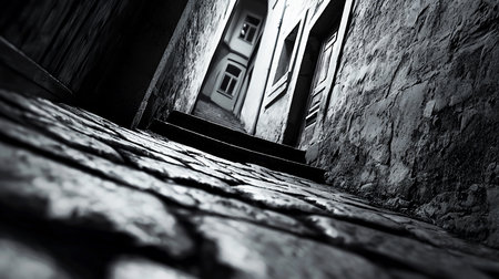 A dramatic low-angle shot captures a narrow, historic cobblestone alleyway in monochrome, with old buildings and steps leading upwards, creating a mysterious urban atmosphere.の素材