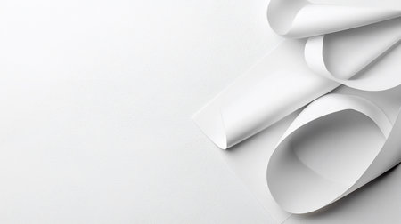A minimalist composition featuring curled and folded white paper against a textured white background. The image emphasizes clean lines, subtle shadows, and a sense of depth.の素材