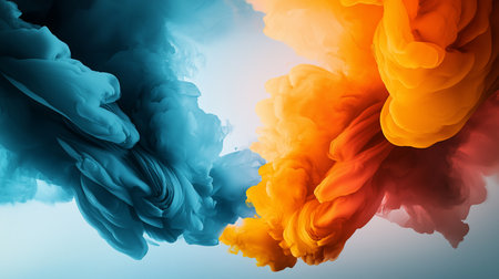A stunning abstract composition featuring a dynamic interplay of blue and orange smoke-like forms against a white backdrop.の素材
