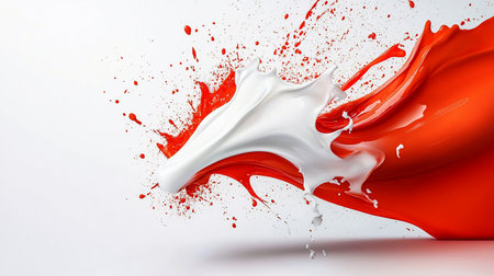 A dynamic abstract image featuring a vibrant red and white paint splash against a clean white background, creating a sense of movement and energy.の素材