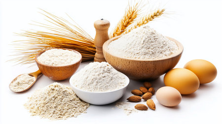 An artful composition of baking essentials. Wheat and almond flour in rustic bowls, with fresh eggs, whole almonds, and golden wheat stalks, isolated on a clean white background.の素材