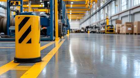 A low-angle shot of a clean, modern industrial warehouse interior, featuring a bright yellow safety bollard with black stripes in the foreground, leading the eye towards the expansive space.の素材