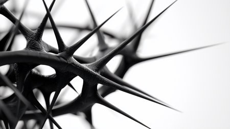 A stark, high-contrast black and white macro photograph captures the intricate, textured details of sharp, dark thorns.の素材