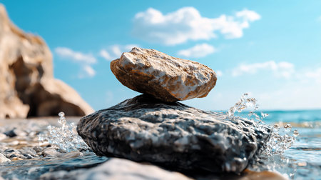 A perfectly balanced rock cairn on a sunlit coastal shore. Dynamic water splashes around its base, reflecting the vibrant blue sky and fluffy clouds. Serene natural harmony.の素材