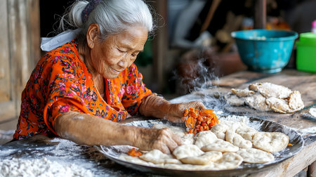 An elderly woman with white hair, wearing a floral orange shirt, prepares traditional food, placing filling on dough, steam rising, showcasing her culinary skills and cultural heritage.の素材