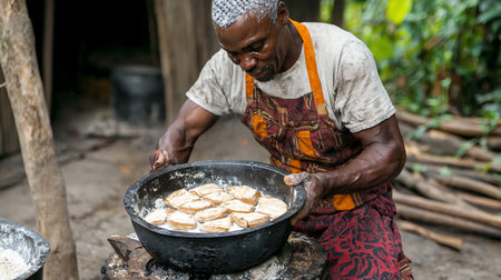 An African baker, wearing a patterned apron, carefully inspects freshly fried dough in a large, black bowl. The scene is set outdoors, with a rustic, natural background.の素材