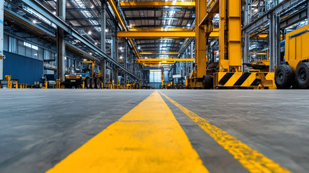 Low-angle view inside a vast, modern industrial warehouse. Bright yellow overhead cranes, heavy machinery, and a blue container line the space, with strong yellow floor markings guiding the eye.の素材