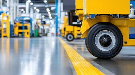 Detailed shot of an automated guided vehicle (AGV) wheel on a polished factory floor.の素材