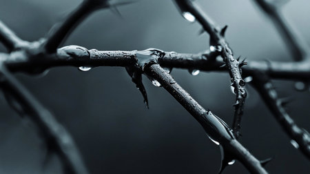 A close-up, moody photograph captures water droplets clinging to the thorns of a dark, wet branch.の素材