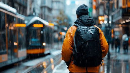A person, viewed from the back, walks through a rain-soaked city street. They wear a yellow jacket, black backpack, and beanie. The blurred background shows a tram and buildings.の素材