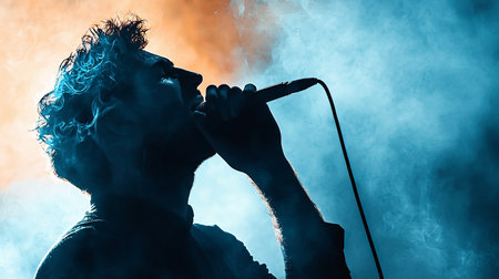A silhouetted singer passionately performs into a microphone, bathed in dramatic blue and orange stage lighting. The smoke adds atmosphere. The composition emphasizes the singer's profile and emotion.の素材