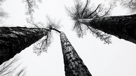 A dramatic, high-contrast black and white shot looking up at the textured bark of three tall birch trees reaching towards a hazy, overcast sky.の素材
