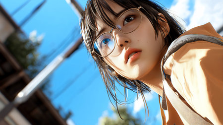 A young woman with glasses looks upward, her face illuminated by sunlight against a vibrant blue sky. The low-angle perspective emphasizes her thoughtful expression.の素材