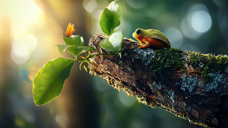 A vibrant green frog rests on a mossy branch, facing a delicate orange butterfly perched on a leaf, bathed in soft, diffused sunlight in a lush, natural setting.の素材