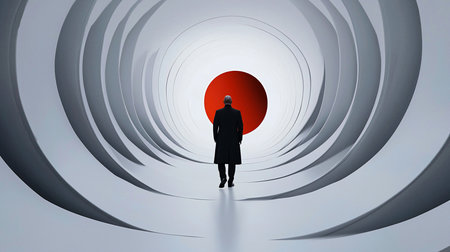 A man in a black coat walks away from the viewer through a white tunnel with concentric circles, ending in a bright red circle, creating a sense of mystery and purpose.の素材