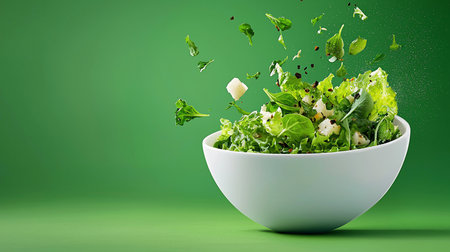 A fresh salad with greens, cheese, and herbs bursts from a white bowl against a vibrant green background, capturing dynamic motion and healthy eating.の素材