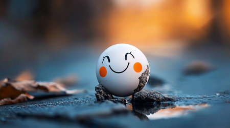 A cheerful egg with a painted smiley face rests on rocks, reflecting in water. The cracked shell adds a unique touch. Soft lighting and shallow depth of field create a dreamy, whimsical mood.の素材