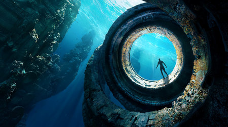 A lone figure stands silhouetted against bright surface light, exploring a massive, ancient circular structure deep within a mysterious underwater canyon, evoking wonder and discovery.の素材