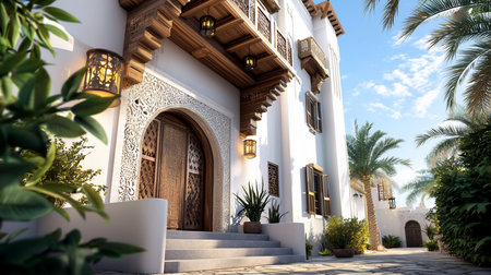 A stunning architectural view of an Arabian-style building. The image showcases a detailed entrance with intricate carvings, wooden accents, and warm lighting.の素材