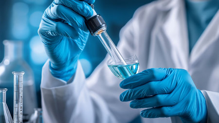 In a brightly lit laboratory, a scientist's gloved hands carefully transfer a vibrant blue liquid with a pipette, showcasing precision in scientific research and analysis.の素材