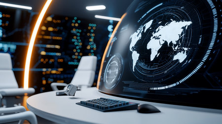 Inside a futuristic command center, a large curved screen shows a global map and data.の素材