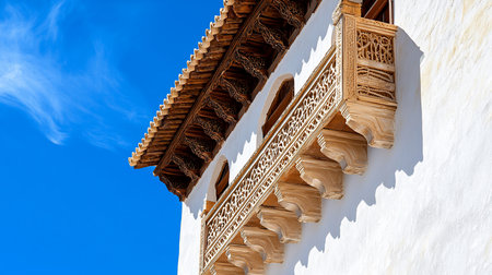 Low-angle view of a historic building's intricate carved wooden balcony and terracotta tiled roof against a vibrant blue sky.の素材