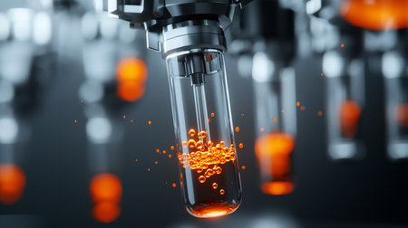 Close-up of a scientific glass vial filled with orange bubbles, set against a blurred background of similar vials.の素材