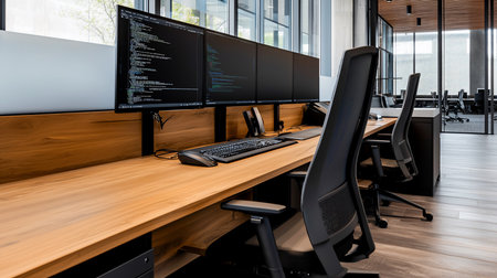 A contemporary office setup featuring a long wooden desk, three monitors displaying code, ergonomic chairs, and a bright, spacious environment with glass partitions.の素材