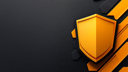 A striking yellow shield emblem with black outline, offset by geometric shapes, sits on a textured black background, creating a modern, protective design.の素材