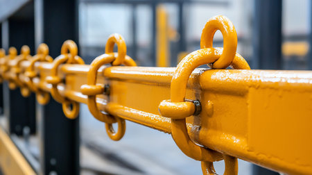 A close-up shot of a heavy-duty yellow chain and beam, showcasing industrial strength and durability. The image highlights the robust construction and bright color.の素材