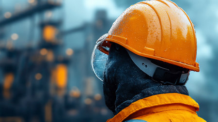 A worker in an orange hard hat and safety glasses gazes at a blurred industrial landscape, rain droplets clinging to his gear, conveying focus and determination.の素材