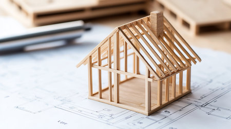 A miniature wooden house frame sits atop a blueprint, symbolizing architectural design and construction planning. Soft, diffused lighting highlights the detail and precision of the model.の素材