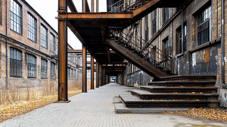 An evocative image of an abandoned industrial building featuring a rusty metal staircase and walkway. The brick facade is weathered, with graffiti adding to the urban decay aesthetic.の素材