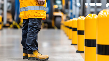 A worker stands near yellow safety bollards in an industrial setting. The image focuses on the worker's legs, safety boots, and high-visibility jacket.の素材