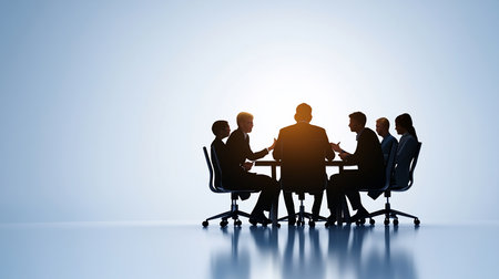 Silhouetted business team of diverse professionals in a meeting around a table, backlit by a bright light source, creating a sense of collaboration and strategic planning.の素材