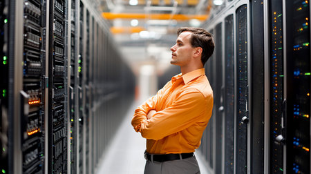 An expert IT professional stands with arms crossed in a modern data center, observing rows of active server racks with colorful blinking lights, symbolizing technology and expertise.の素材