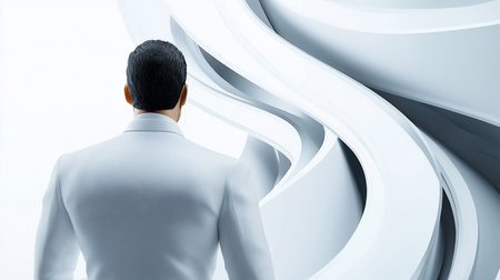 A man in a crisp white suit stands with his back to the viewer, contemplating a vast, flowing, abstract architectural structure. The scene evokes a sense of wonder, progress, and the unknown.の素材