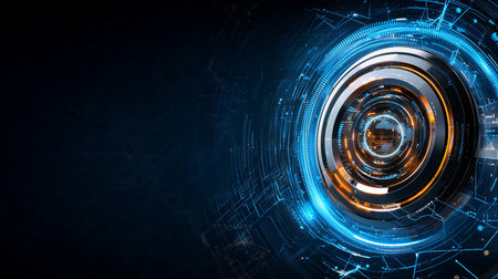 A vibrant abstract digital background featuring a glowing blue and orange circular core, intricate circuit patterns, and data streams on a dark blue backdrop, symbolizing advanced technology and conn.の素材