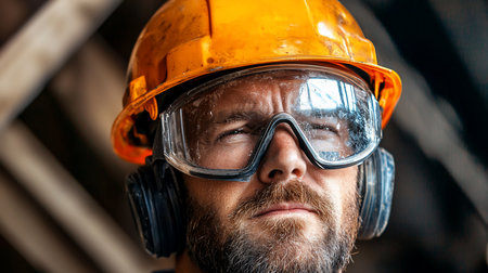 Close-up of a determined worker in an orange hard hat, dirty safety goggles, and ear protection. The rugged man's focused gaze reflects dedication in a demanding industrial setting.の素材