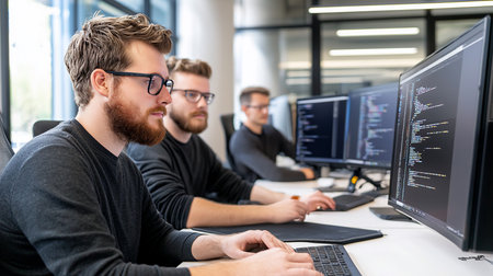 Three bearded developers, wearing glasses, are intently coding in a bright, modern office. They are focused on their computer screens, fingers on keyboards, working collaboratively.の素材