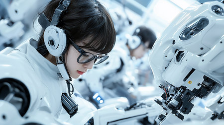 A young engineer with glasses and headphones meticulously assembles a white robot in a bright, futuristic laboratory setting, showcasing advanced technology and precision.の素材