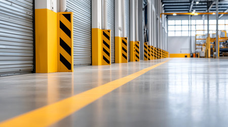 Modern industrial warehouse interior with yellow and black safety bollards, grey roller doors, and a prominent yellow line on a reflective concrete floor. Clean, organized, and ready for logistics.の素材
