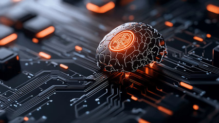 A conceptual image of an AI brain, rendered in a futuristic style. The brain is composed of interconnected circuitry, with a glowing orange core.の素材